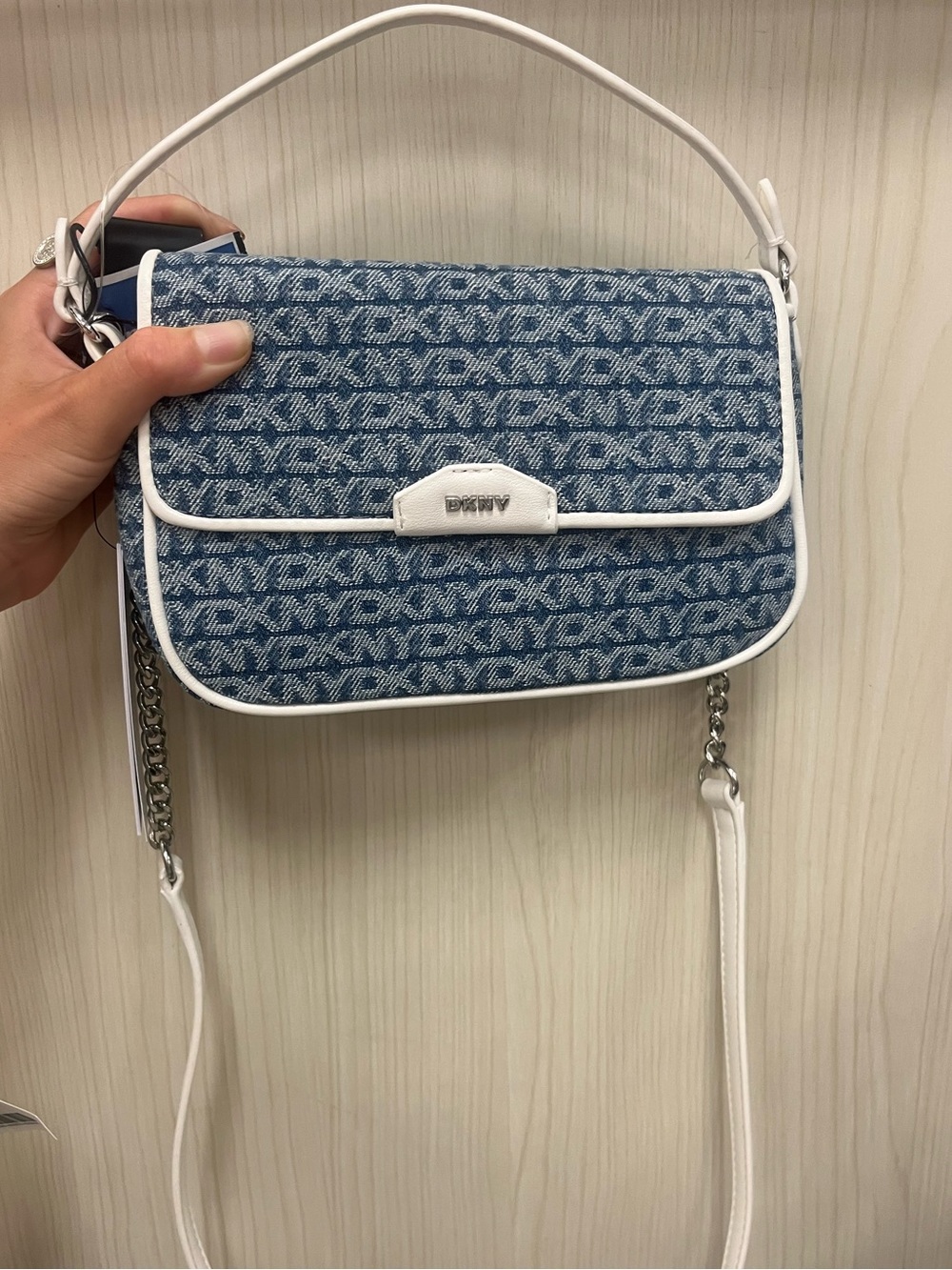 DKNY Blue Denim Logo Shoulder Bag with White Trim